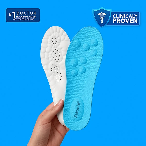 Arch Support Insoles showcasing a white and blue insole design, offering comfort and stability for foot pain relief.