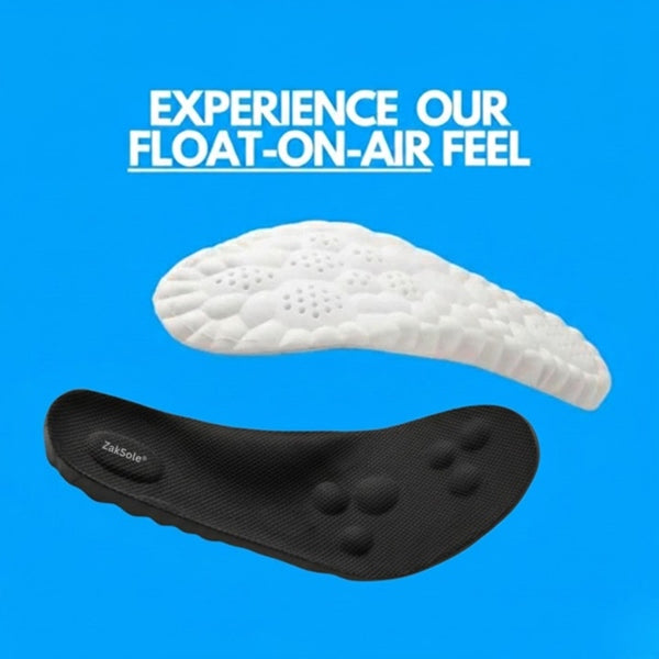 White and black shoe insoles with text 'Experience Our Float-On-Air Feel' on a blue background