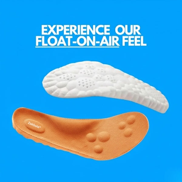 White and orange shoe insoles with text 'Experience Our Float-On-Air Feel' on a blue background