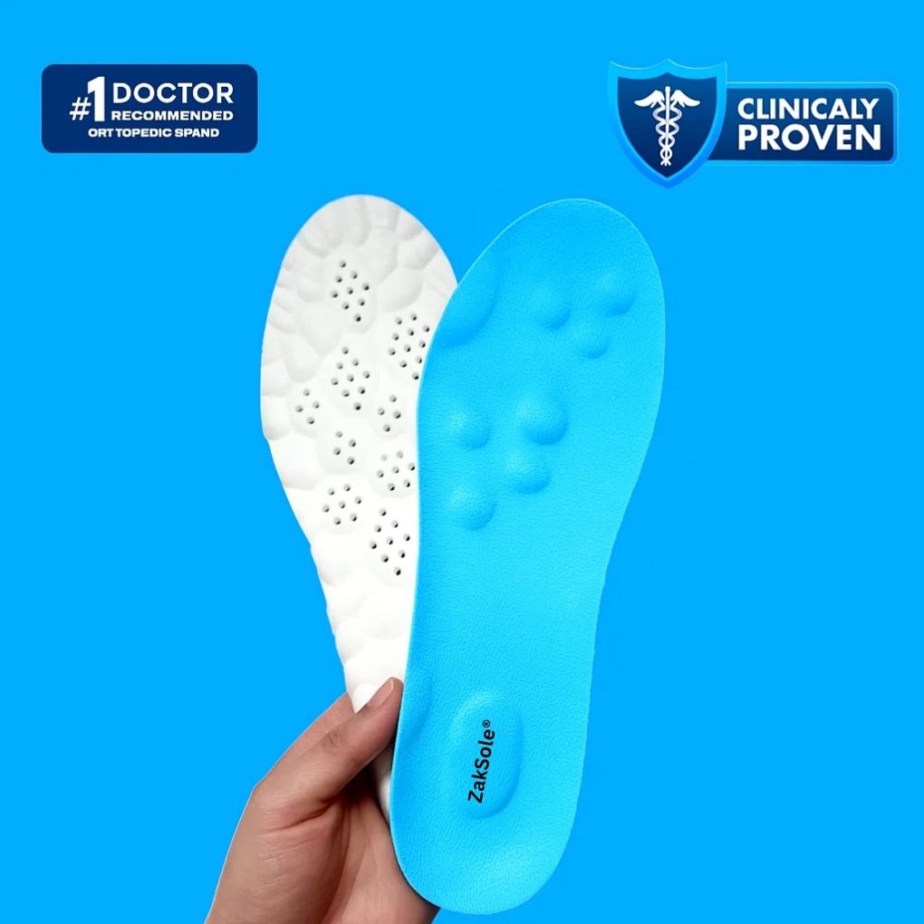 Blue and white shoe insole held by a hand against a blue background with 'Clinically Proven' and 'Doctor Recommended' text.
