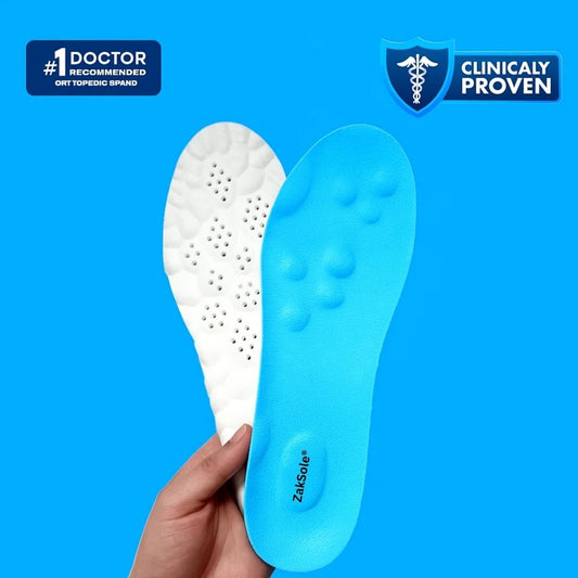 Blue and white shoe insole held by a hand against a blue background with 'Clinically Proven' and 'Doctor Recommended' text.
