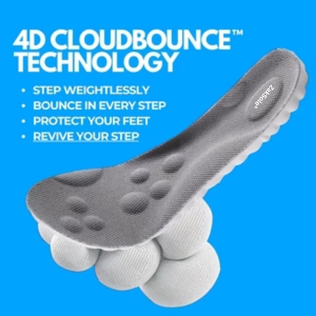 4D Cloudbounce technology shoe insert with text on a blue background