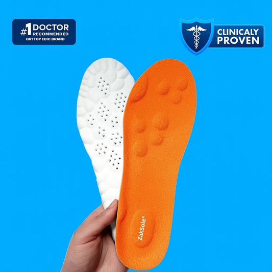 Orange and white shoe insoles held by a hand against a blue background with branding elements.