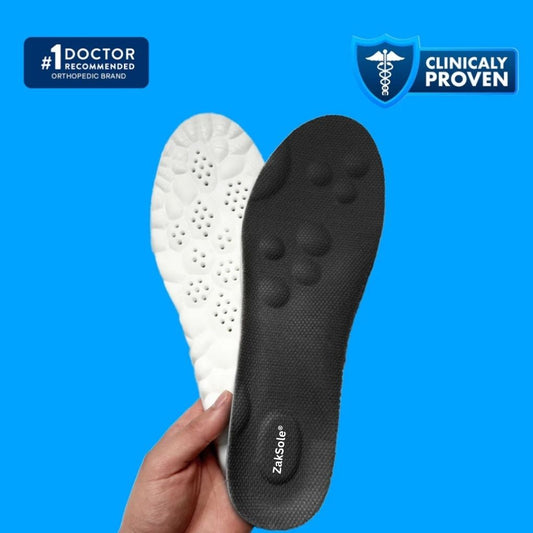 Black and white orthopedic insoles held by a hand against a blue background with branding logos.