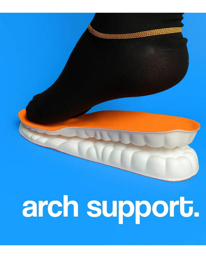 Shoe arch support insert with a foot wearing a black sock on a blue background