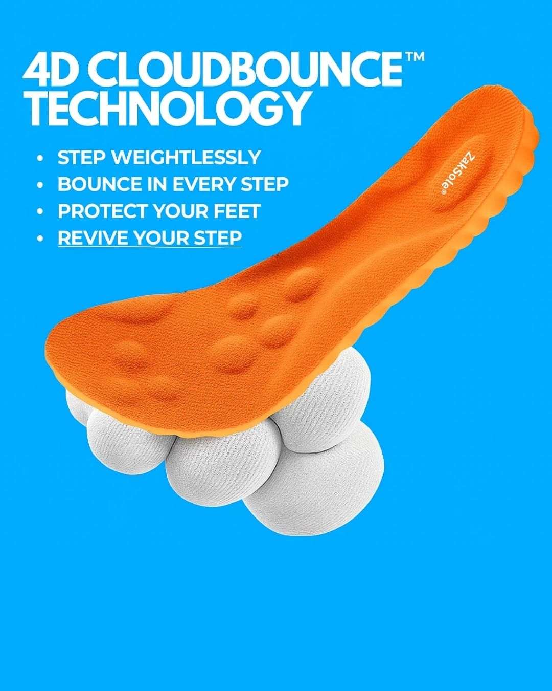 Orange 3D cloudbounce technology insole on a blue background with text highlighting features.