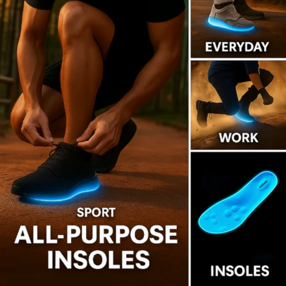 Person wearing black shoes with glowing blue insoles, labeled 'All-Purpose Insoles'.