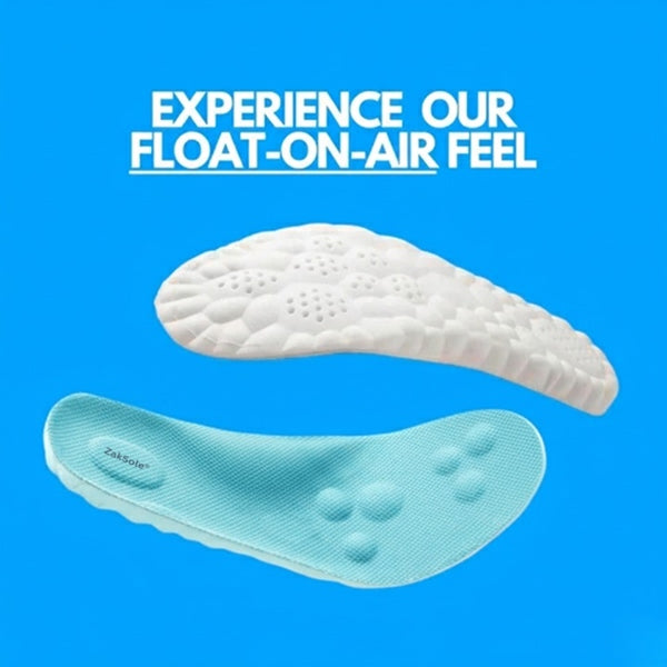 Two shoe insoles on a blue background with text 'Experience Our Float-On-Air Feel'.