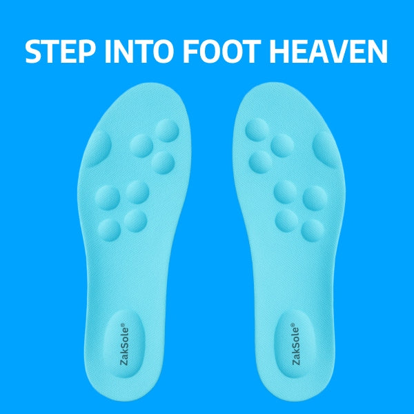 Blue shoe insoles with 'ZakSole' branding on a blue background, featuring text 'Step into Foot Heaven'.
