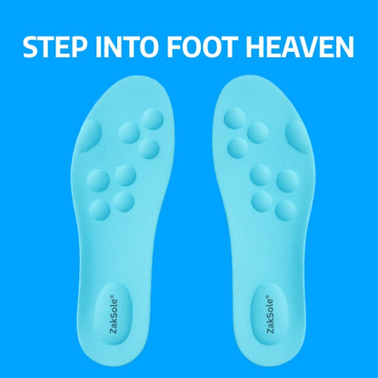 Blue shoe insoles with 'ZakSole' branding on a blue background, featuring text 'Step into Foot Heaven'.