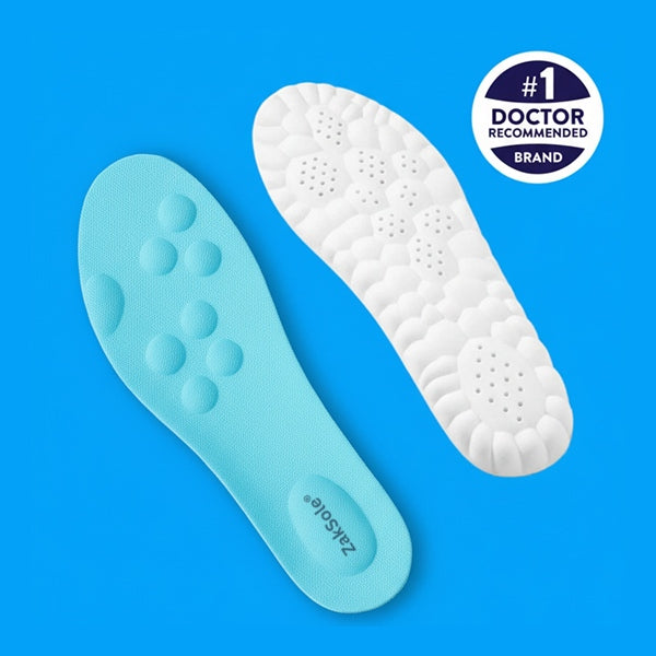 Two pairs of orthopedic insoles, one blue and one white, on a blue background with a 'Doctor Recommended' badge.